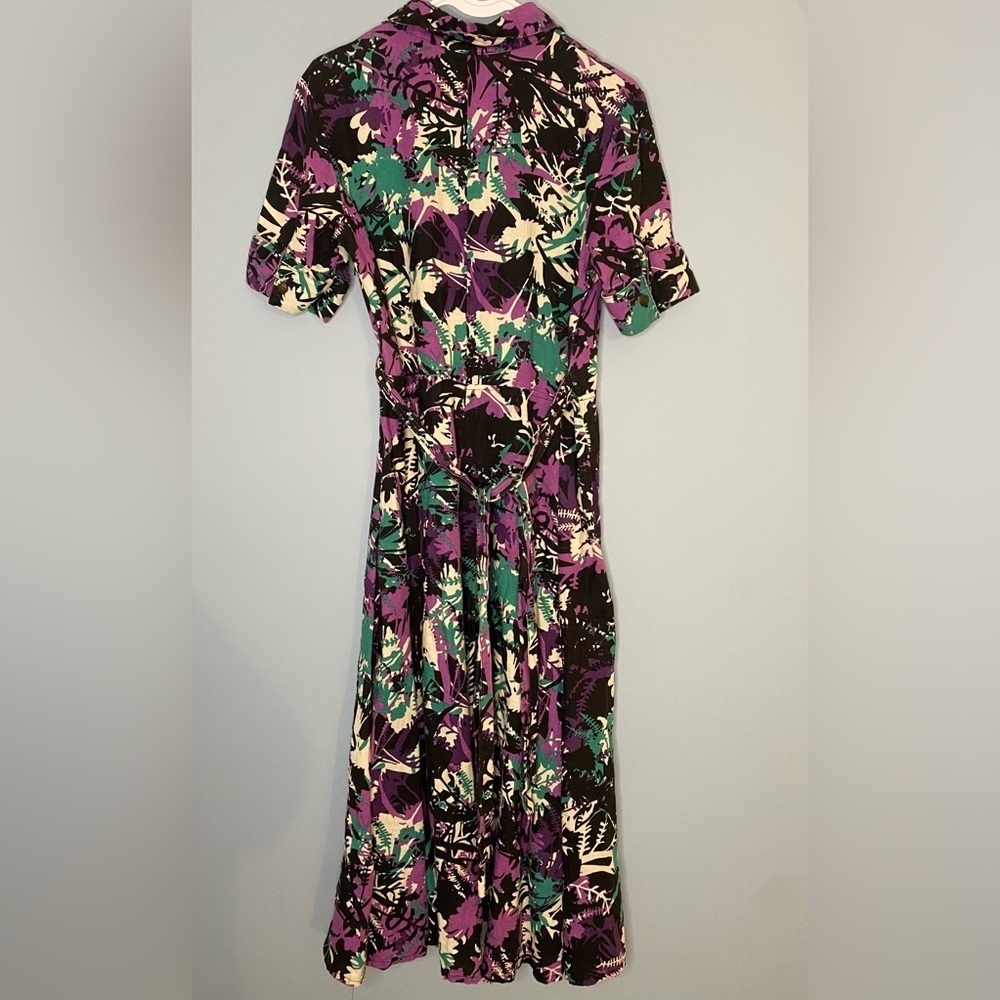 Vintage JG Hook Linen Dress Size 10 Women’s Faux Wrap Dress Belted Black Teal - Picture 3 of 5